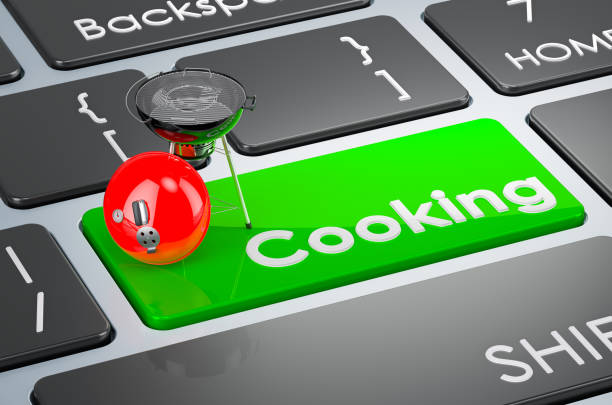Cooking key, barbecue grill on keyboard. 3D rendering