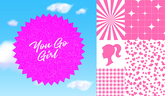 Set of Trendy fashion doll Doll Elements. Vector Pink Cartoon Illustrations in fashion dollcore Style. Girl Silhouette Sticker, Plaid, Checker, Stars and Hearts Seamless Patterns. Shiny Geometric in the Sky.