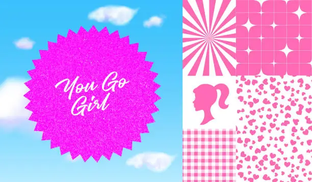 Vector illustration of Set of Trendy fashion doll Doll Elements. Vector Pink Cartoon Illustrations in fashion dollcore Style. Girl Silhouette Sticker, Plaid, Checker, Stars and Hearts Seamless Patterns. Shiny Geometric in the Sky