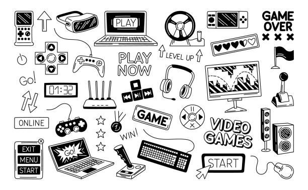 Video games black stickers set Video games black stickers set. Collection of joysticks and controllers. Computer, laptop and router. Headphones and mouse, monitor. Cartoon flat vector illustrations isolated on white background cartoon of the clothes line stock illustrations