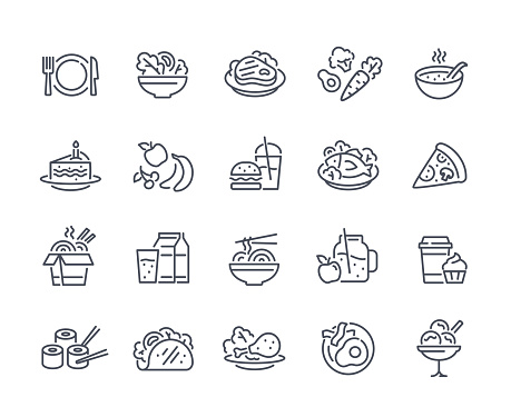 Food linear icons set. Fresh fruits and vegetables. Sushi and rolls, cake with candle. Chicken leg with salad, coffee with muffin. Cartoon flat vector illustrations isolated on white background