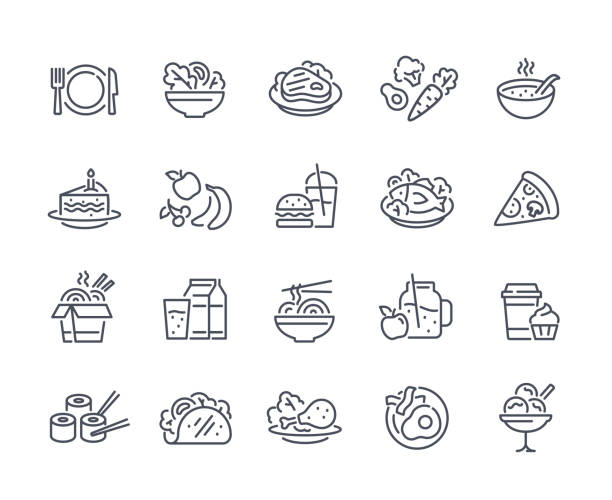 Food linear icons set Food linear icons set. Fresh fruits and vegetables. Sushi and rolls, cake with candle. Chicken leg with salad, coffee with muffin. Cartoon flat vector illustrations isolated on white background stock fish stock illustrations