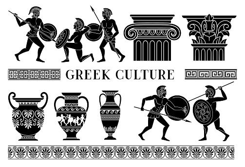 Greek culture set. Collection of silhouettes of men with shields and weapons. Antique dishes and columns. Warriors in helmets fight. Cartoon flat vector illustrations isolated on white background