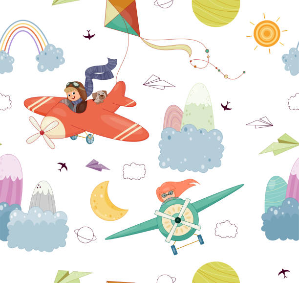 piloci dzieci bezproblemowy wzór - airplane piloting individuality runway stock illustrations