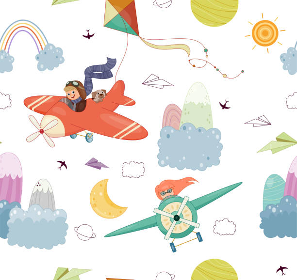 Pilots kids seamless pattern. Repeating design element for printing on fabric. Boy with dog and girl with glasses in vehicle flying among clouds. Travel and adventure. Cartoon flat vector illustration