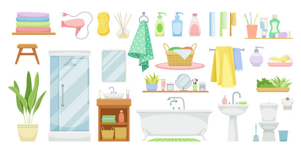 Set of bathroom elements Set of bathroom elements. Towels, sponge and soap. Washbasin, toilet, shower stall and wardrobe. Apartment interior furniture and decor. Cartoon flat vector illustrations isolated on white background bathroom designer shower house stock illustrations