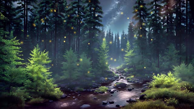 Magic lights over forest river at dark foggy night