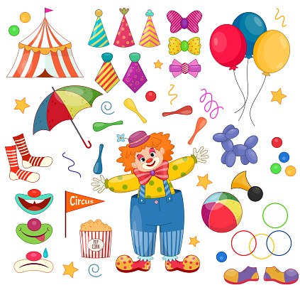 Clown with items set. Man with multicolored skittles, balls and balloons. Popcorn with circus tent. Colorful boots, ties, socks and hats. Cartoon flat vector illustrations isolated on white background