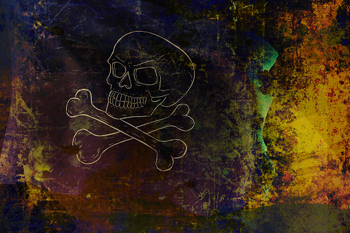 3d render illustration of pirate flag with skull and bones.