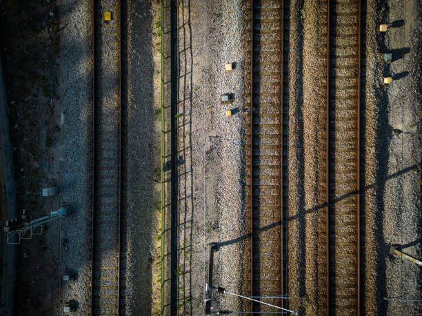 Railway track seen from above at the end of the day