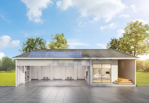 istock Solar panel on roof generate electricity for home garage with ev charger 1579451144
