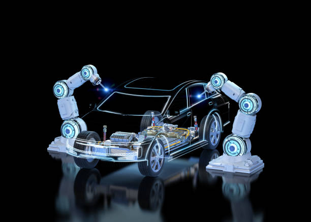 istock Robot assembly line with electric car battery cells module on platform 1579451667