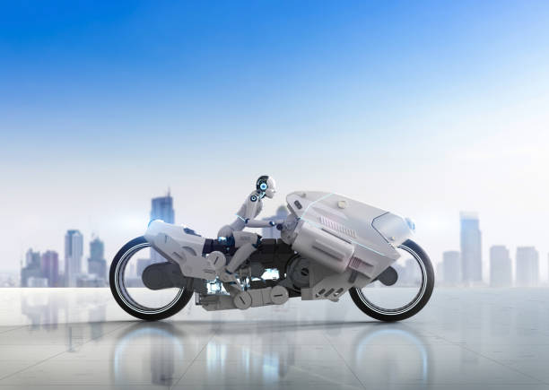 istock Racing technology with robot riding on motorbike with speed 1579452183