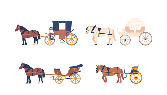 Set of Carriages Isolated on White Background. Elegant And Luxurious Horse-drawn Vehicles, Often Used For Transportation Of People In The Past. Cartoon Vector Illustration