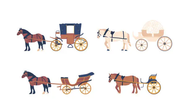 Vector illustration of Set of Carriages Isolated on White Background. Elegant And Luxurious Horse-drawn Vehicles, Cartoon Vector Illustration
