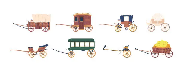 Vector illustration of Carriages, Elegant Horse-drawn Vehicles, Used For Transportation Of People In The Past. Wagons Practical Vehicles