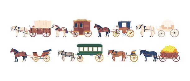 Vector illustration of Horse-drawn Vehicle, Traditional Mode Of Transportation That Relies On Horses To Pull The Carriage, Wagon, Or Cart