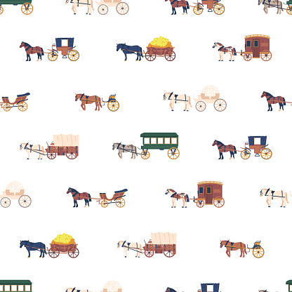 Seamless Pattern With Elegant Horse-drawn Vehicles, Showcasing A Nostalgic And Sophisticated Design, Perfect For Adding A Touch Of Vintage Charm To Various Products. Cartoon Vector Illustration