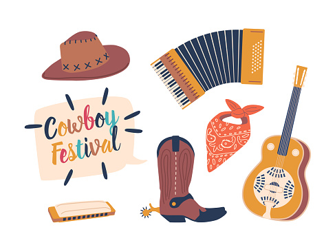 Country Music Instruments and Accessories. Acoustic Guitar, Accordion, And Harmonica, Cowboy Hat, Boot and Bandana, Creating The Distinct Sound of Genre. Cartoon Vector Illustration