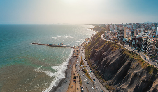 Panoramic aerial view of Lima city, in Peru. Aerial view of Miraflores district and Larcomar