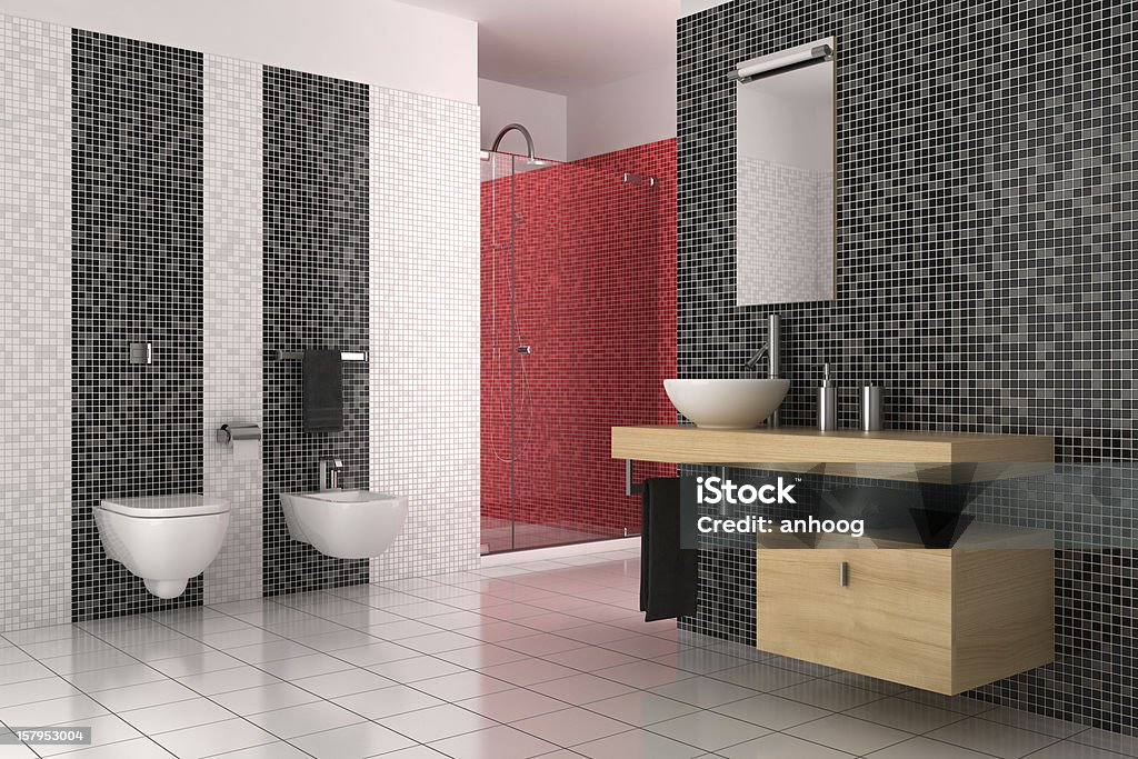 modern bathroom with black, red and white tiles Bathroom Stock Photo