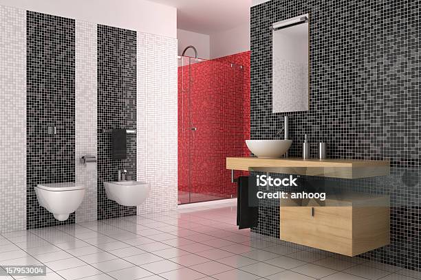 Modern Bathroom With Black Red And White Tiles Stock Photo - Download Image Now - Bathroom, Digitally Generated Image, Luxury