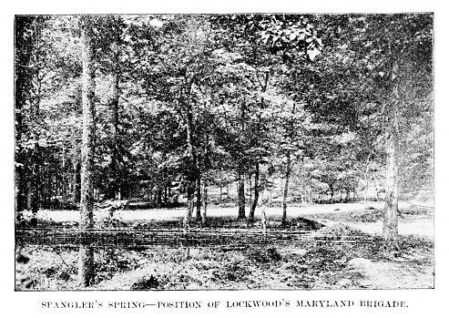 General Lockwood's Maryland Brigade fought from the woods of Spangler Spring at Gettysburg. The battle of Gettysburg, when the Union army defeated the Confederate soldiers, is considered the turning point of the American Civil War. The most casualties in one battle occurred July 1–3, 1863, at Gettysburg, Pennsylvania. Photograph engraving published 1896. Original edition is from my own archives. Copyright has expired and is in Public Domain.