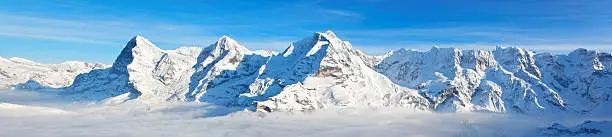 Panoramic view of Eiger, Monch & Jungfrau massif, Swiss Alps, Switzerland, Europe