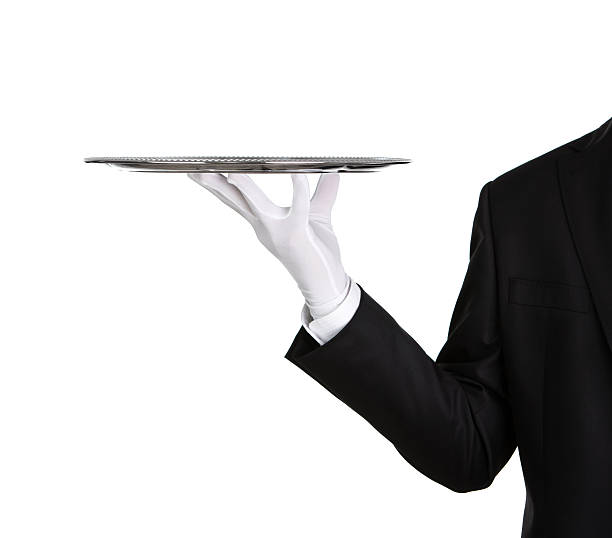 serveuse avec un plateau vide d'argent - silver platter concierge waiter butler photos et images de collection