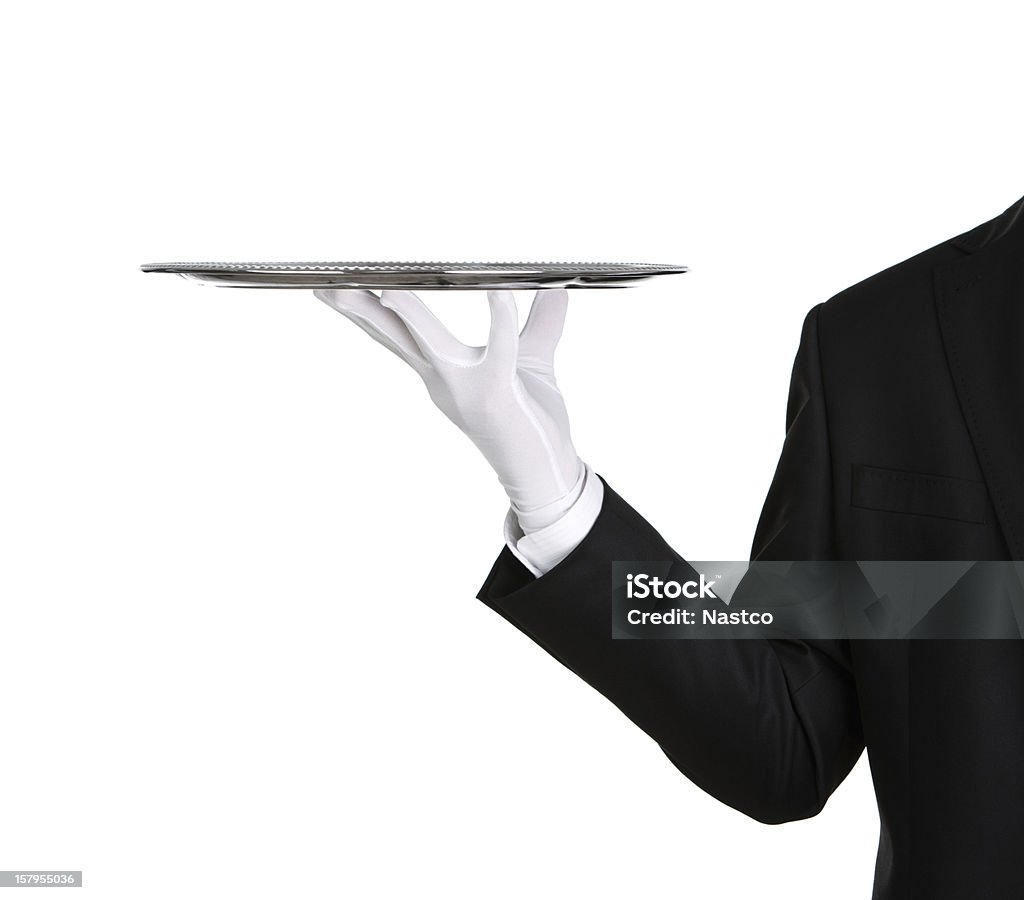 Официант с пустой Серебряный поднос - Стоковые фото Поднос роялти-фри