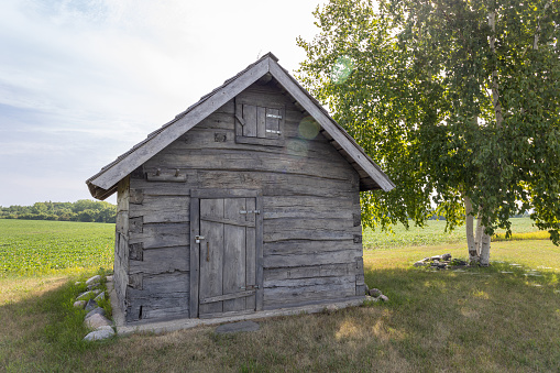 This image shows a summer landscape view of a 19th century log cabin on the prairie in midwest of the United States.