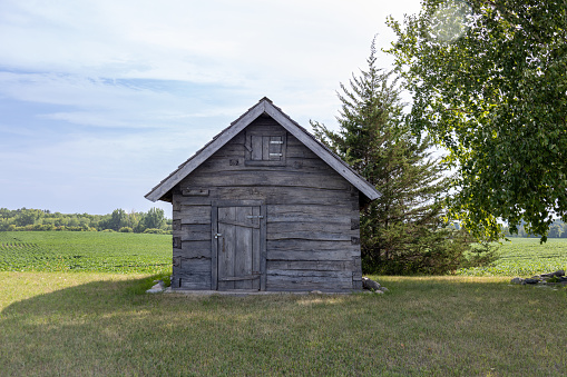 This image shows a summer landscape view of a 19th century log cabin on the prairie in midwest of the United States.