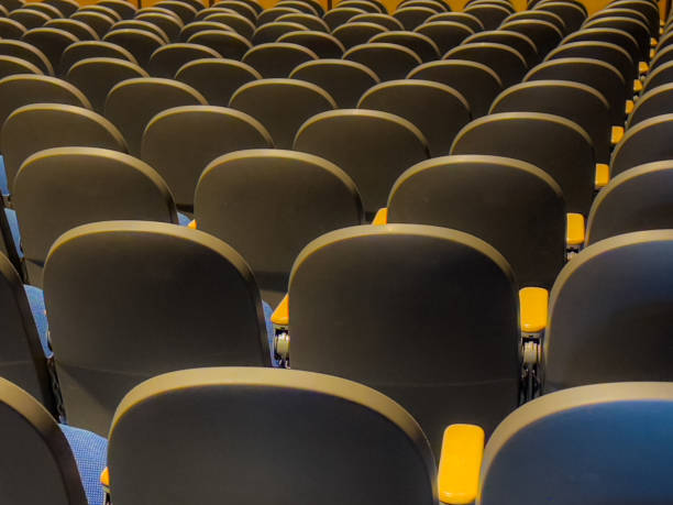 istock Empty gray and blue theater, auditorium seats, chairs. 1579614225