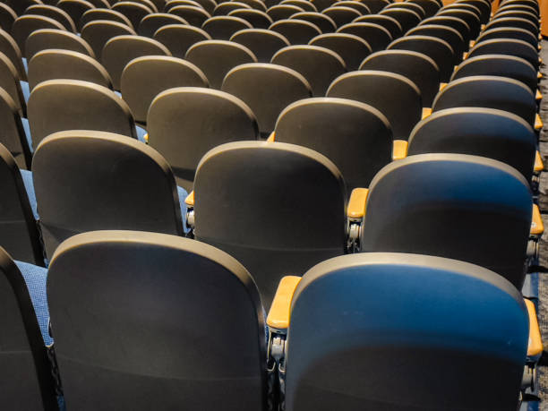 istock Empty gray and blue theater, auditorium seats, chairs. 1579614776