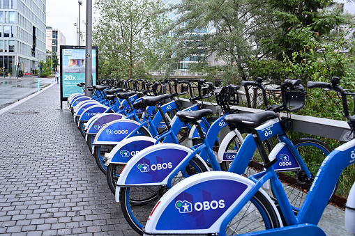 Oslo, Norway, July 3, 2023 - Oslo City Bike Station from City Bike Partner OBOS near the Central Station.