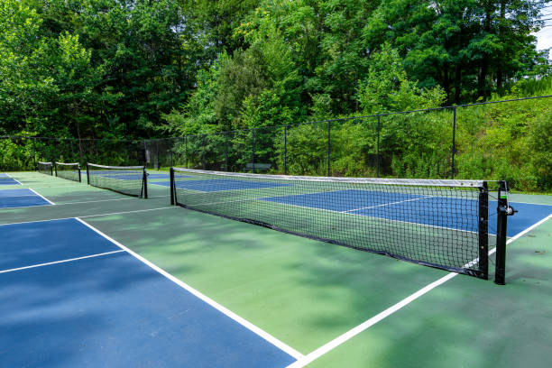 istock Example image of an empty pickleball court with multi-color surface and white lines. 1579619682