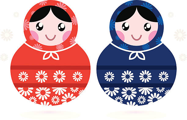 ilustraciones, imágenes clip art, dibujos animados e iconos de stock de linda matreshka muñecas rusas, rojo y azul - russian nesting doll nested russian culture toy