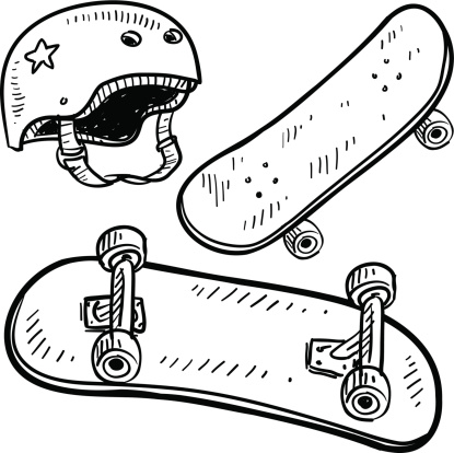 Doodle style sketch of skateboard equipment, including board and helmet, in vector illustration.  EPS10 file format with no transparency effects.