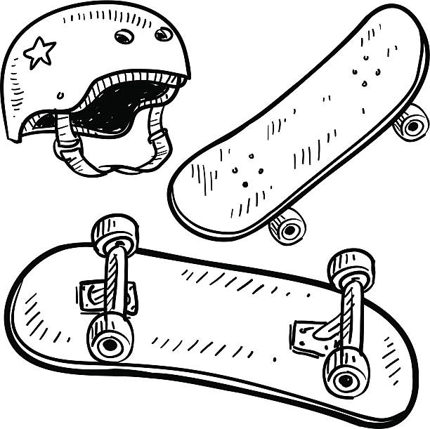 Skateboarding equipment sketch Doodle style sketch of skateboard equipment, including board and helmet, in vector illustration.  EPS10 file format with no transparency effects. skateboard stock illustrations