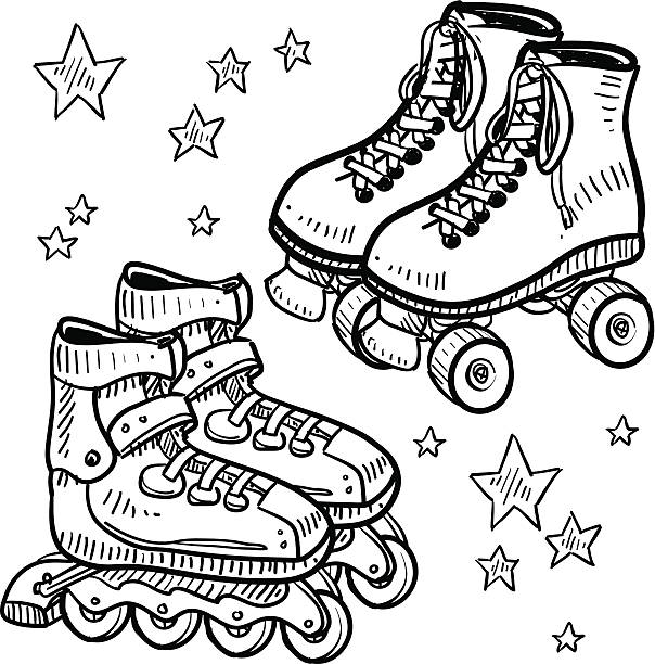 Rollerblades and rollerskates sketch Doodle style sketch of rollerskates and rollerblades in vector illustration.  EPS10 file format with no transparency effects. roller skating stock illustrations