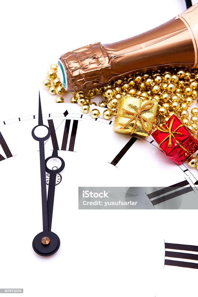 New year's eve New year, Clock on new year's eve, Present and Champagne 12 O'Clock Stock Photo