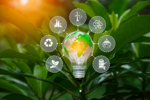 istock green energy concept help reduce global warming.
natural background light bulb on green leaf , green energy icon around it. Carbon dioxide emission in industry net zero carbon concept. 1579741841