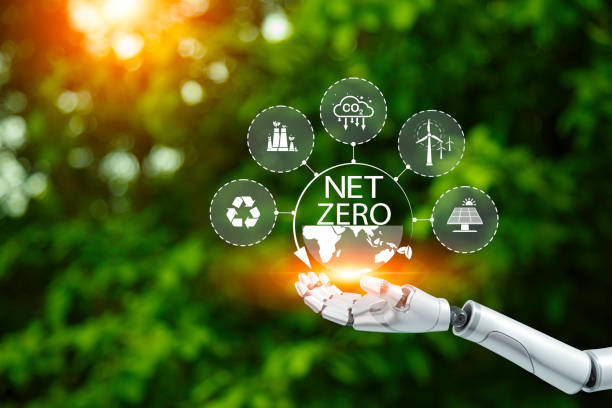 Net zero concept. AI, machine learning, robot hand touching. Net zero icon represents exchange of artificial intelligence .Carbon affects global warming. Innovative ideas to reduce carbon emissions. concepto de cero emisiones netas. ia, aprendizaje automático, tocamiento de manos robóticas. el icono de cero neto representa el intercambio de inteligencia artificial. el carbono afecta el calentamiento global. ideas innovadoras para reducir las emision
