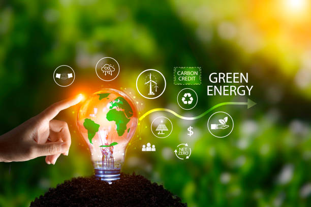 istock Green energy system. Businessman pointing light bulb on green background. Net zero in 2050 year. Green energy icon around it. Carbon Neutral in industry Net zero emission concept. Idea innovation. 1579762139