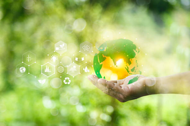 istock green energy concept. Global warming icons set on hands with nature green background. Net zero 2050 green energy icon around Carbon Neutral in industry. Net zero emissions concept. innovation idea. 1579768833