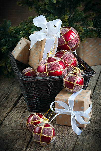 istock Christmas Card with Red Balls and Boxes in a Basket 157977805