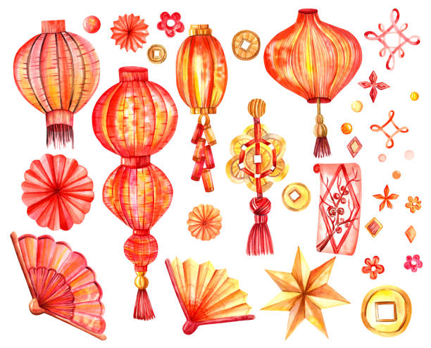 Watercolor set of Chinese New Year holiday symbols. Hand-drawn red lanterns, fans, coins, good luck charms, paper fans and more. mandarin chinese new year stock illustrations