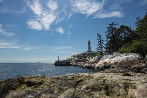 West Vancouver, Canada -May 20,2023: Lighthouse viewpoint from East Beach Trail inside Lighthouse Park in West Vancouver