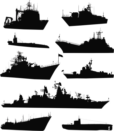 High detailed military ship  silhouettes  set. Vector