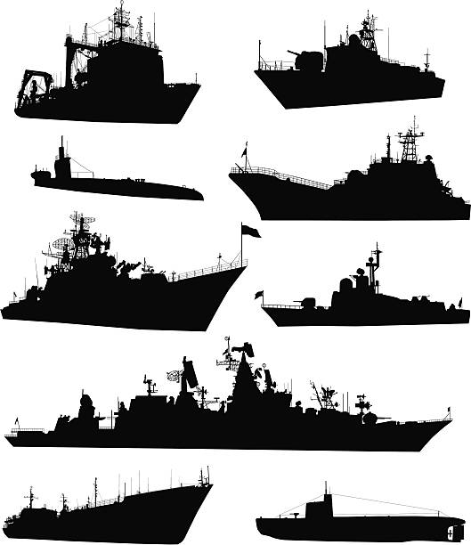 Naval set High detailed military ship silhouettes set. Vector battleship silhouette stock illustrations